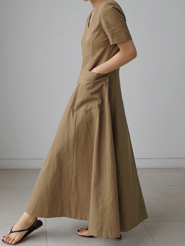 Robe mi-longue simple décontractée plissée couleur unie