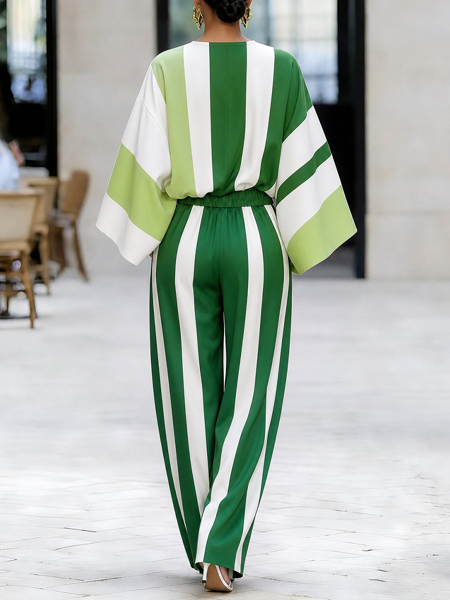Pantalon rayé ample à poches, à taille élastique, à jambes larges, couleur contrastée