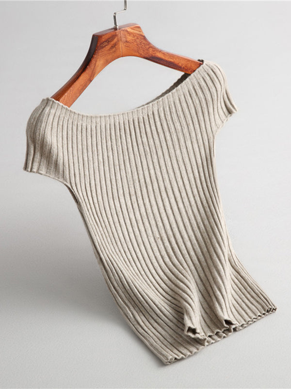 Pull en tricot à manches courtes et col bateau de couleur unie