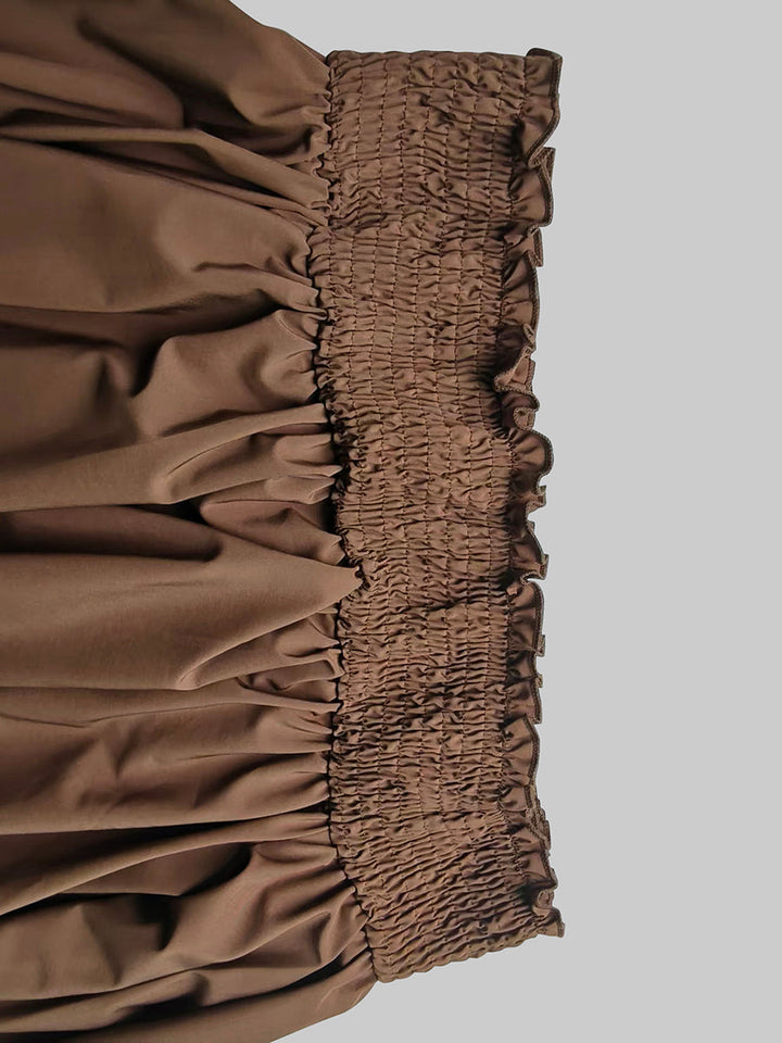 Robe longue ample plissée à manches bouffantes, à taille élastique, à épaules dénudées, couleur unie