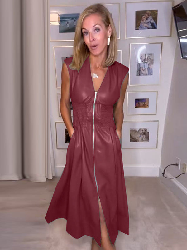 Robe mi-longue coupe trapèze, à taille élastique, à poches, à empiècements, à fermeture éclair, à col en V, couleur unie