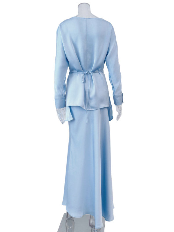 Ensemble deux pièces ample à empiècements, à col bateau, à manches longues, couleur unie – chemisier + chemise + jupe