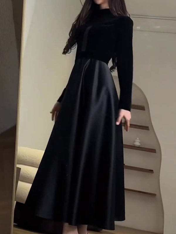 Robe longue plissée coupe trapèze, à manches longues, à empiècements, à fermeture éclair, à col cheminée