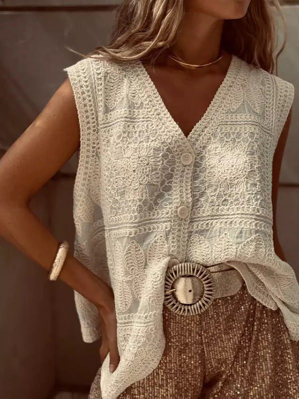 Débardeur ample sans manches boutonné au crochet brodé à col en V