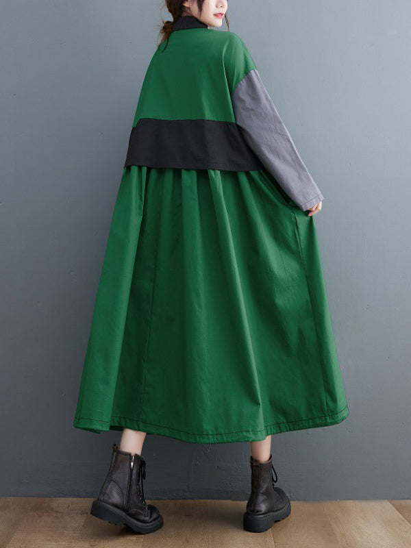 Robe mi-longue ample vintage, à manches longues, col polo, couleur contrastée