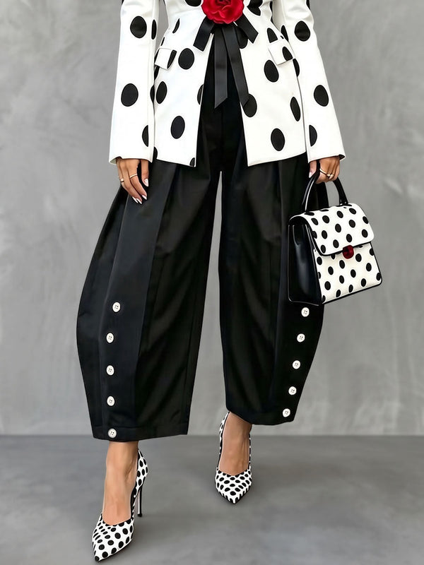 Pantalon plissé boutonné à poches, à jambes larges, taille haute, couleur contrastée