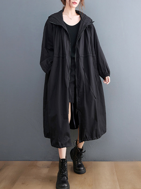 Trench-Coat décontracté à capuche, couleur unie, ample, fermeture éclair, cordon de serrage, manches longues