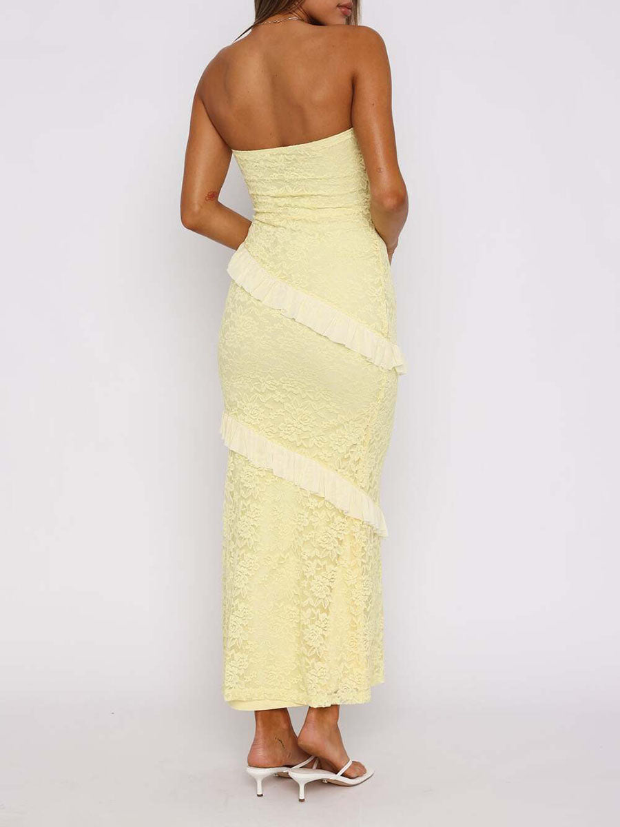 Robe mi-longue moulante volantée coupe trapèze, à empiècements, bustier, couleur unie
