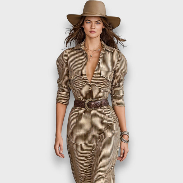 Marlene – Robe maxi rayée avec col