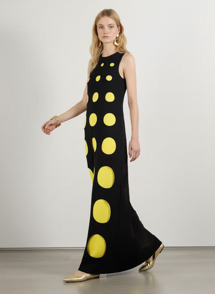 Robe longue ample sans manches, à pois, à empiècements, à col rond, couleur contrastée