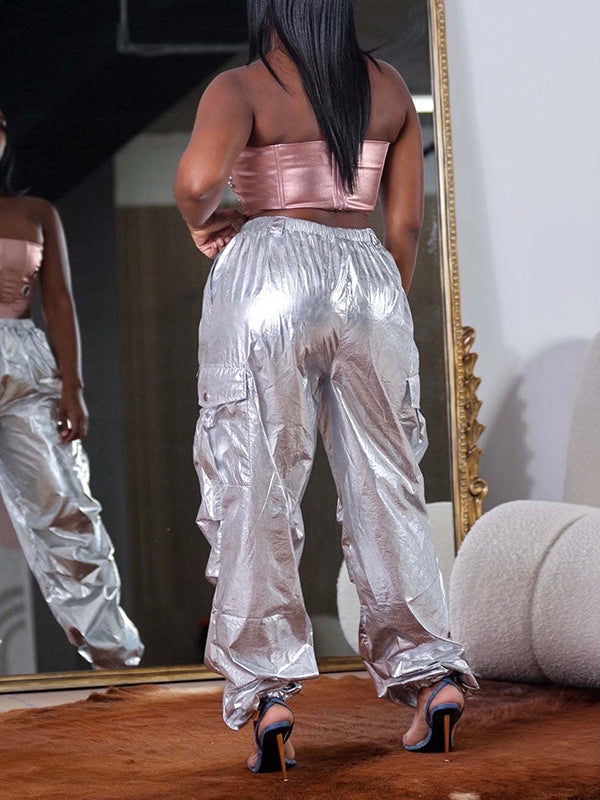 Pantalon ample taille haute, à cordon de serrage, à taille élastique, à poches, à empiècements