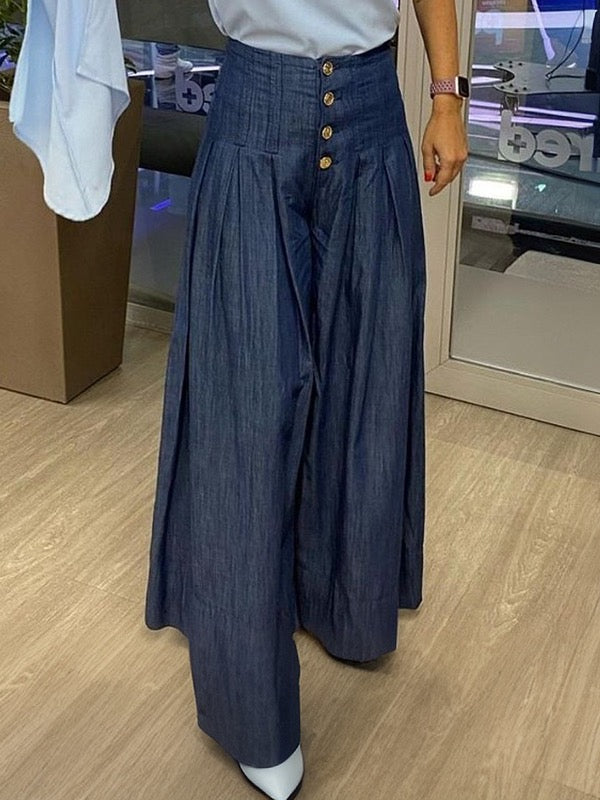Bas de pantalon en Jean taille haute, ample, boutonné, poches plissées, couleur unie