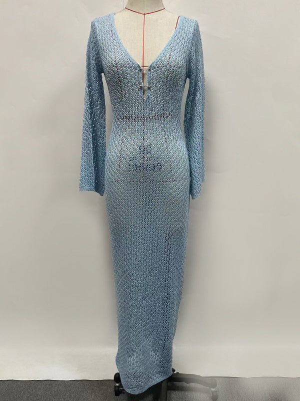 Creux transparent smocké couleur unie protection solaire col en v profond plage couvrir robes longues