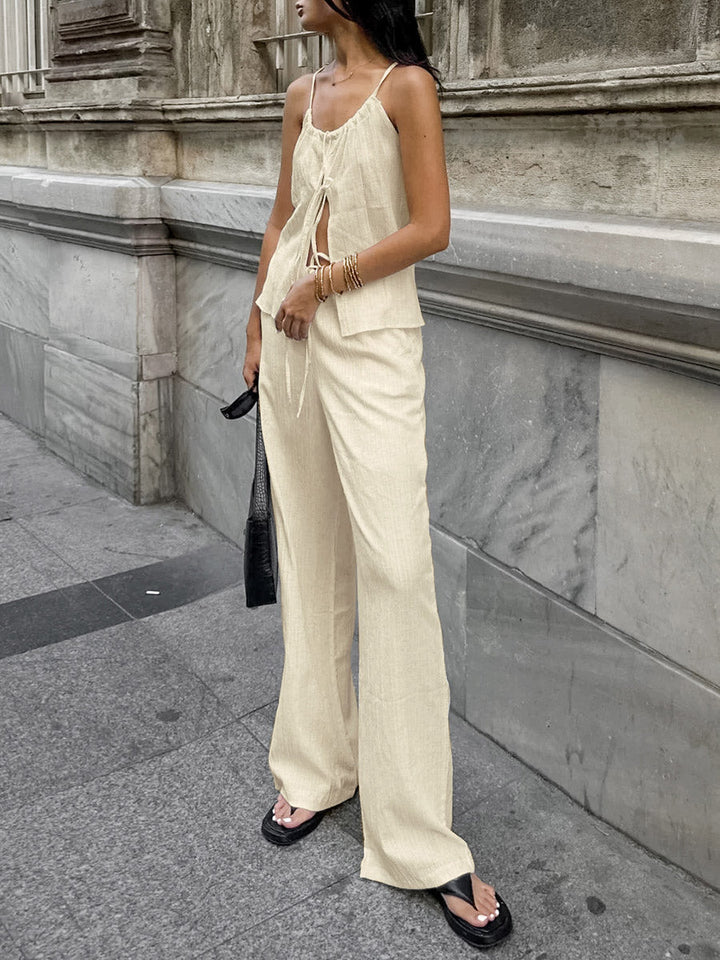 Ensemble deux pièces court plissé à col licou, à empiècements, taille haute, à taille élastique, à taille nouée, couleur unie – débardeur + pantalon