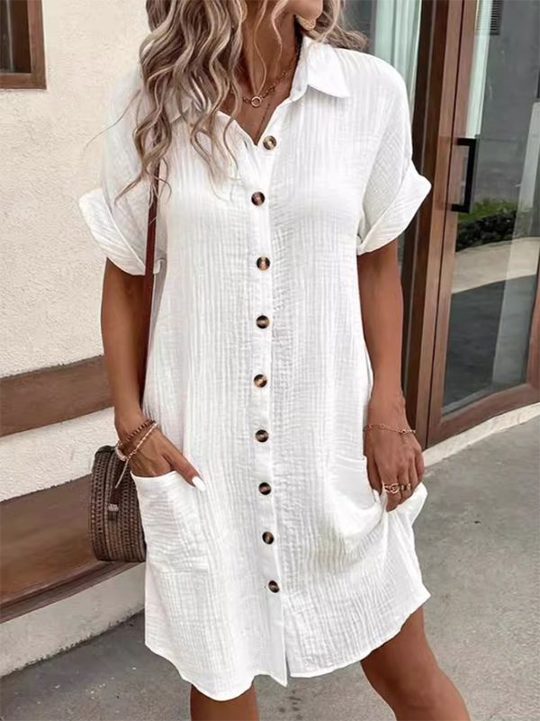 Robe courte ample boutonnée à manches courtes, à poches, à col revers