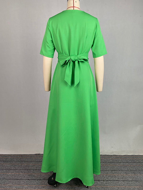 Robe longue à manches mi-longues, taille haute, à taille nouée, à col en V, couleur unie