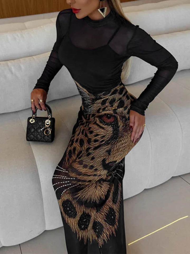 Robe longue transparente taille haute, à manches longues, à imprimé animal, à col cheminée