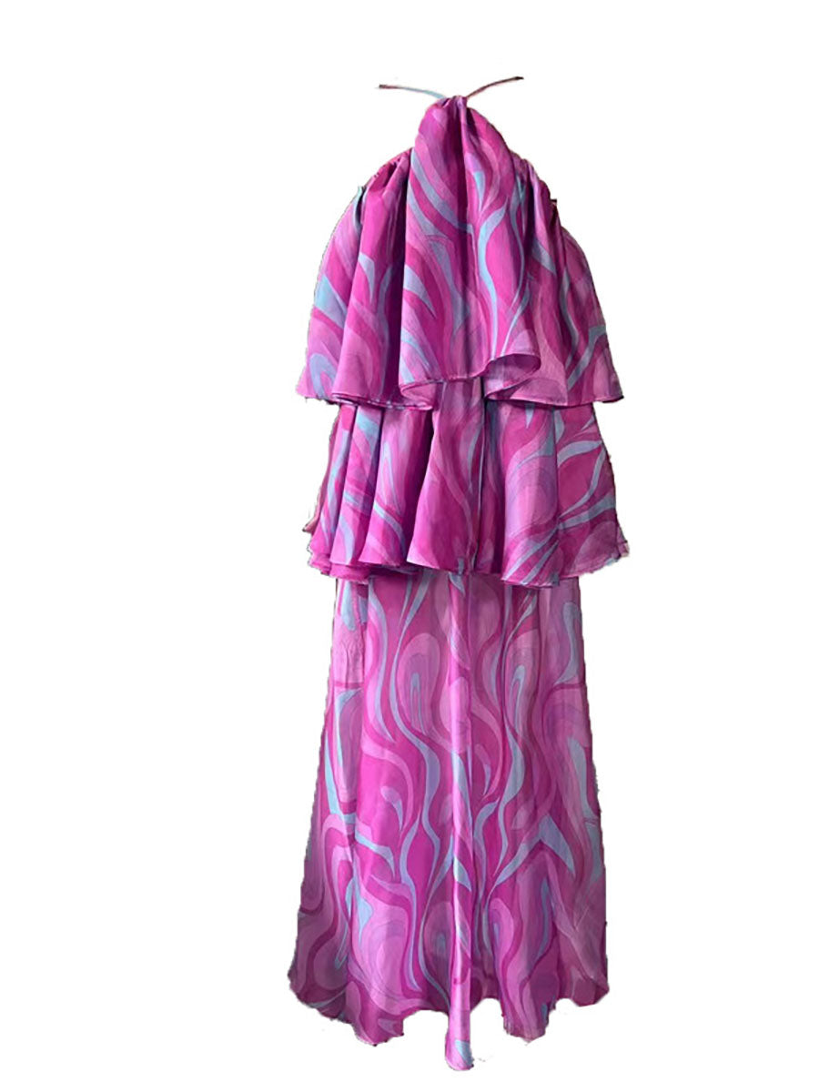 Robe longue imprimée volantée sans manches, dos nu, à col licou