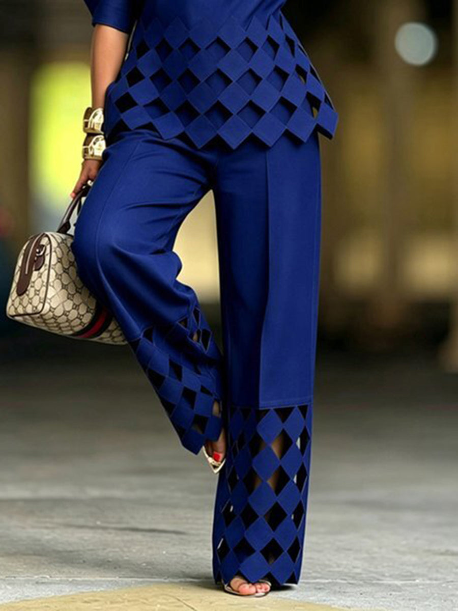 Pantalon ajouré ample à poches, à jambes larges, couleur unie