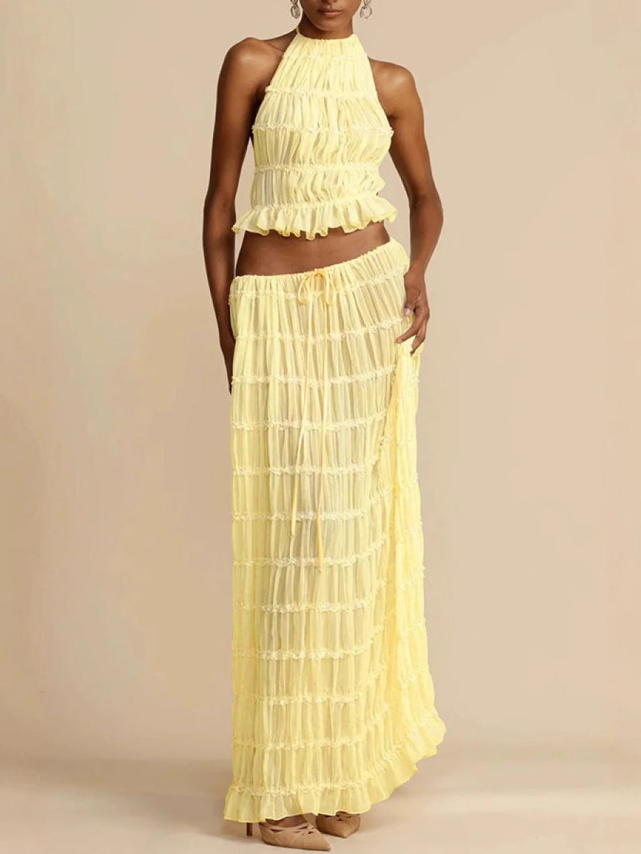 Ensemble deux pièces plissé texturé court volanté à col licou, dos nu, à taille nouée, taille haute, couleur unie – débardeur + jupe