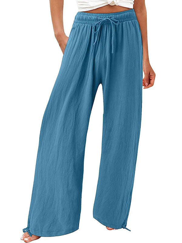 Pantalon ample à jambes larges, à cordon de serrage, à taille élastique, couleur unie