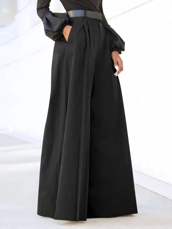 Pantalon ample plissé taille haute, à empiècements, couleur unie