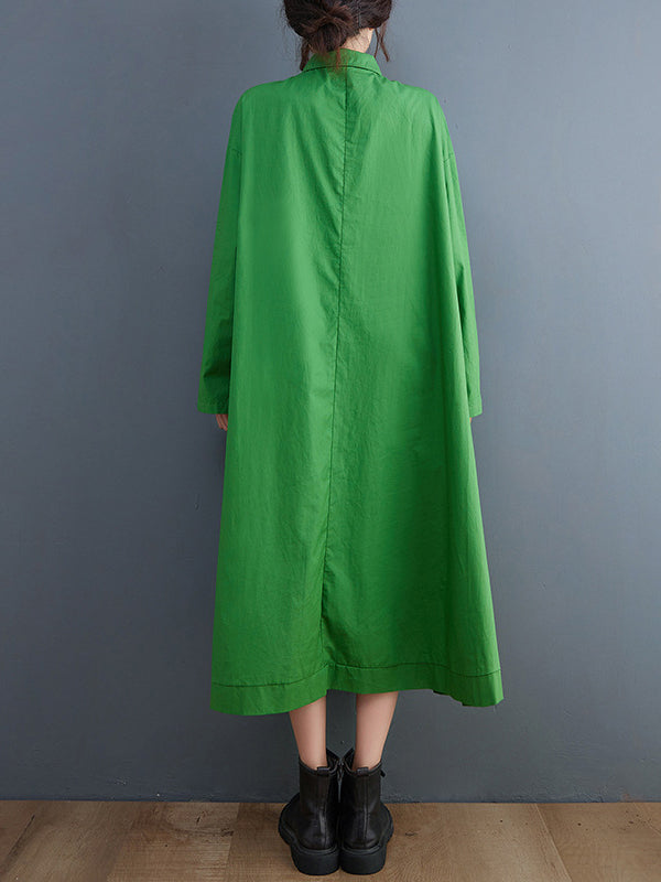 Robe mi-longue asymétrique ajourée coupe trapèze, à manches longues, à pois, à col revers, couleur unie