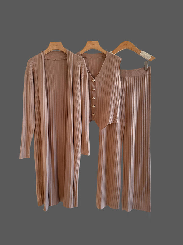 Ensemble trois pièces en tricot sans manches à col en v + cardigan à manches longues + pantalon taille haute