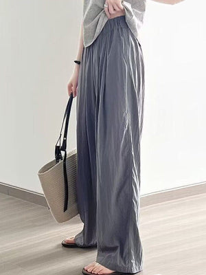 Pantalon ample plissé taille haute, à taille élastique, à poches, couleur unie