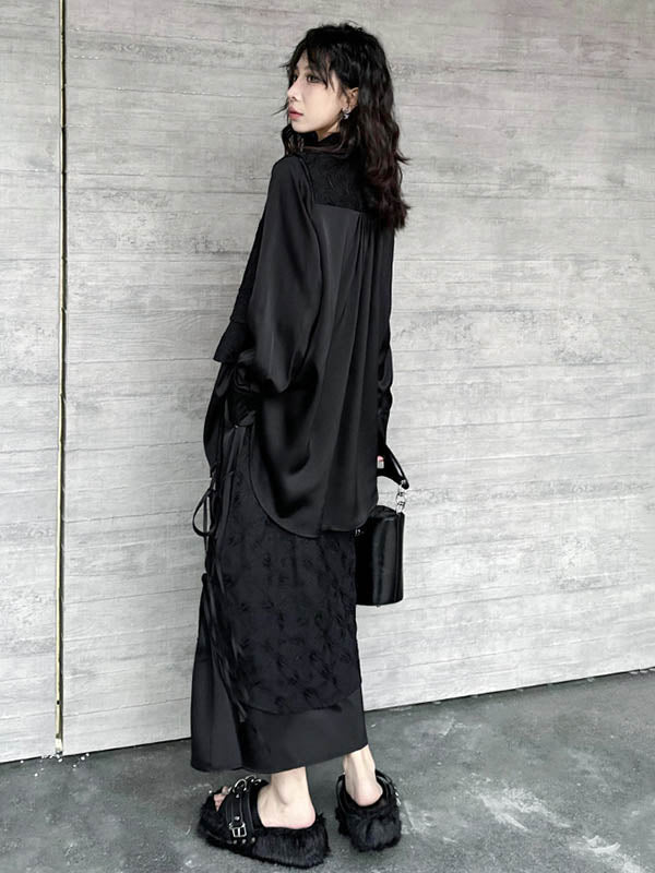 Ensemble deux pièces asymétrique boutonné à empiècements, à cordon de serrage, à imprimé floral, effet deux pièces, à col revers, à poches, à taille élastique, à double rang, couleur unie – chemisier + jupe