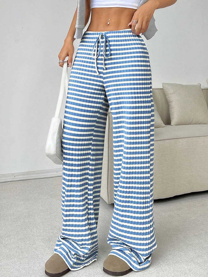 Pantalon rayé à taille élastique, taille haute, à cordon de serrage, à empiècements, couleur contrastée
