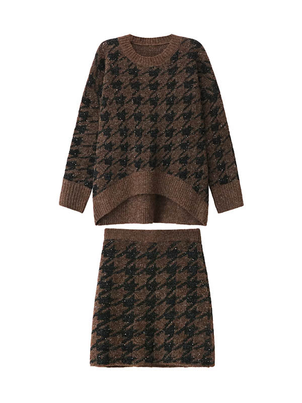 Côtes fendues de couleur contrastée, ceinture d'hirondelle brillante/pied-de-poule, pull à col rond + jupe trapèze à taille élastiquée, bas, ensemble deux pièces