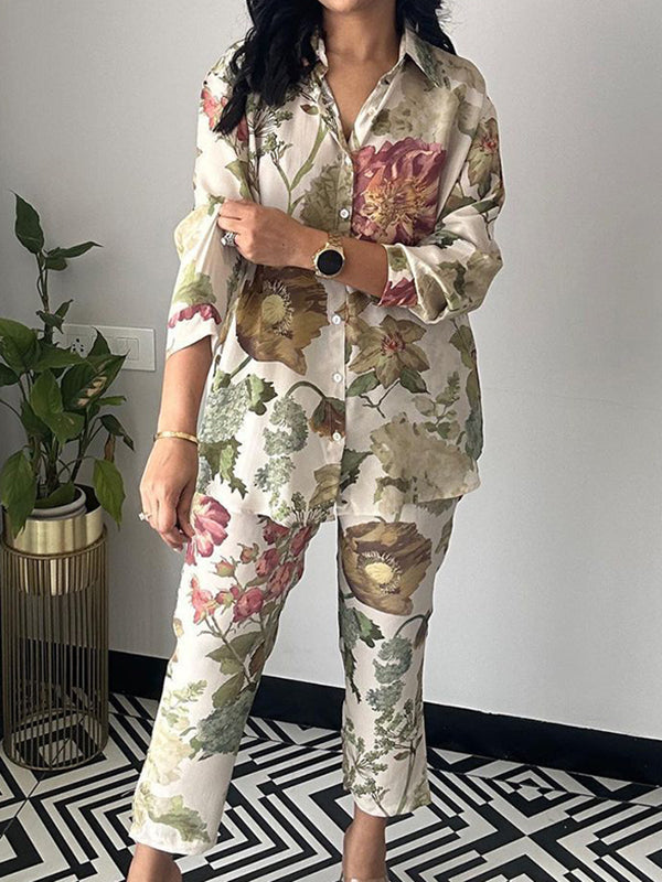 Ensemble deux pièces boutonné à manches longues, à imprimé floral, à col revers – chemise + haut + pantalon 7/8 + pantalon