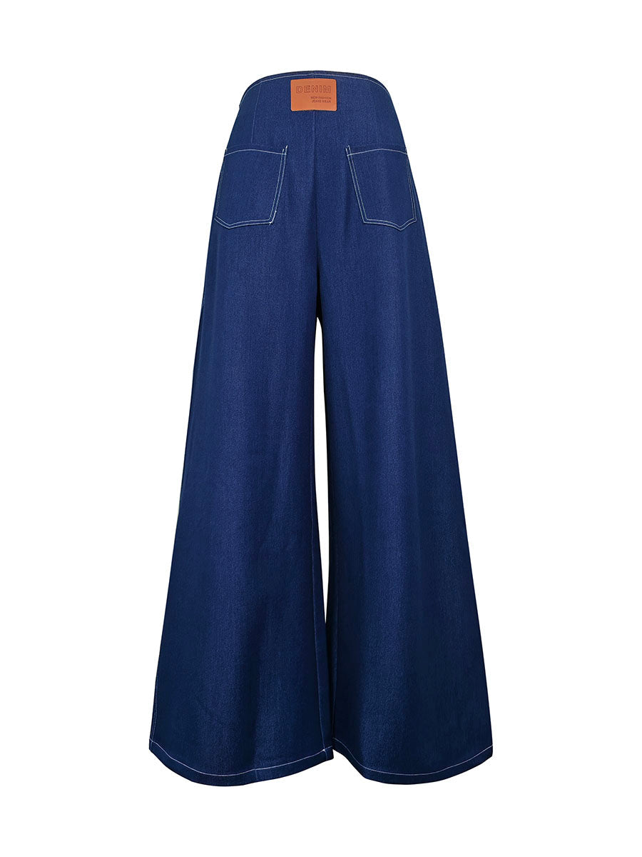 Jean ample taille haute, à taille élastique, à poches, à fermeture éclair, couleur unie