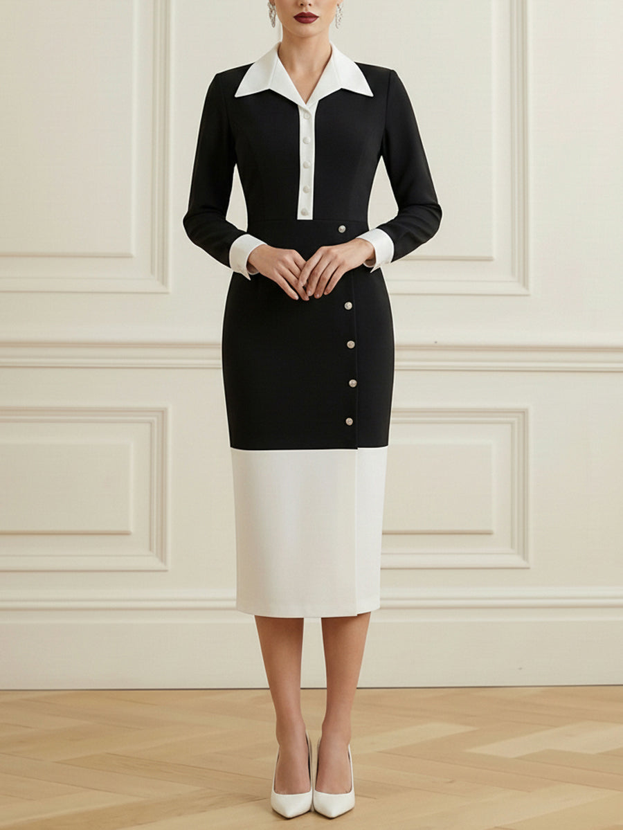 Robe mi-longue boutonnée fendue devant taille haute, à manches longues, à empiècements, à col revers, couleur contrastée