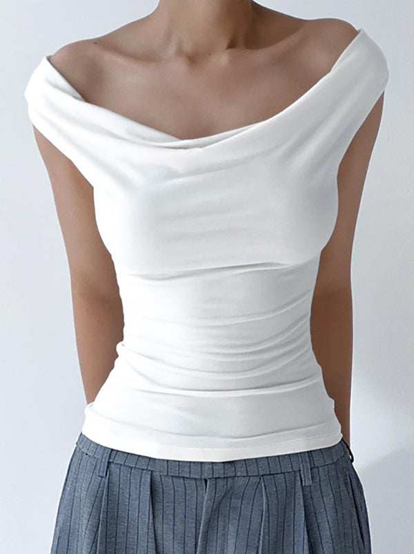 T-shirt noué coupe près du corps, sans manches, dos nu, à empiècements, à épaules dénudées, couleur unie