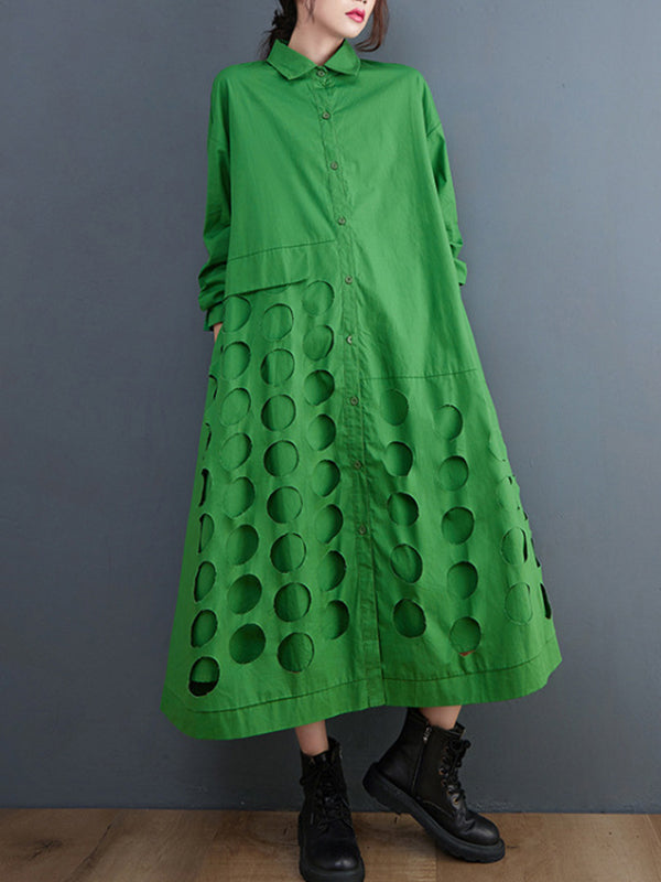 Robe mi-longue asymétrique ajourée coupe trapèze, à manches longues, à pois, à col revers, couleur unie
