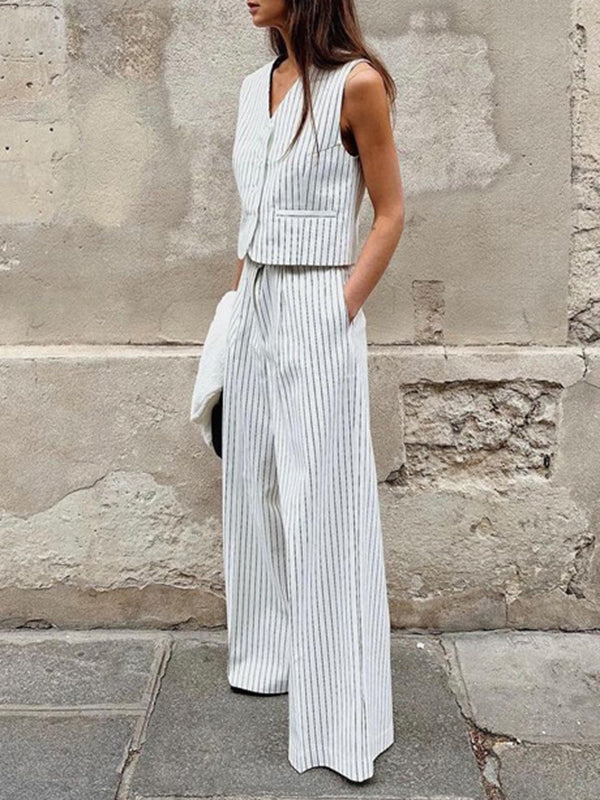 Ensemble deux pièces ample boutonné rayé sans manches, à col en V – débardeur + bas