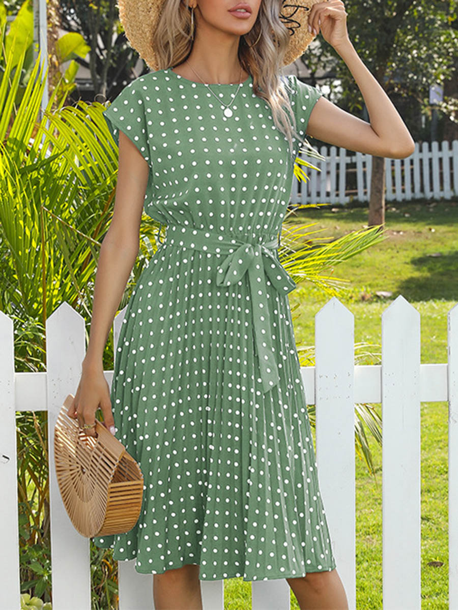 Robe mi-longue boutonnée plissée coupe trapèze, à mancherons, à pois, à empiècements, à taille nouée, à col rond, couleur contrastée