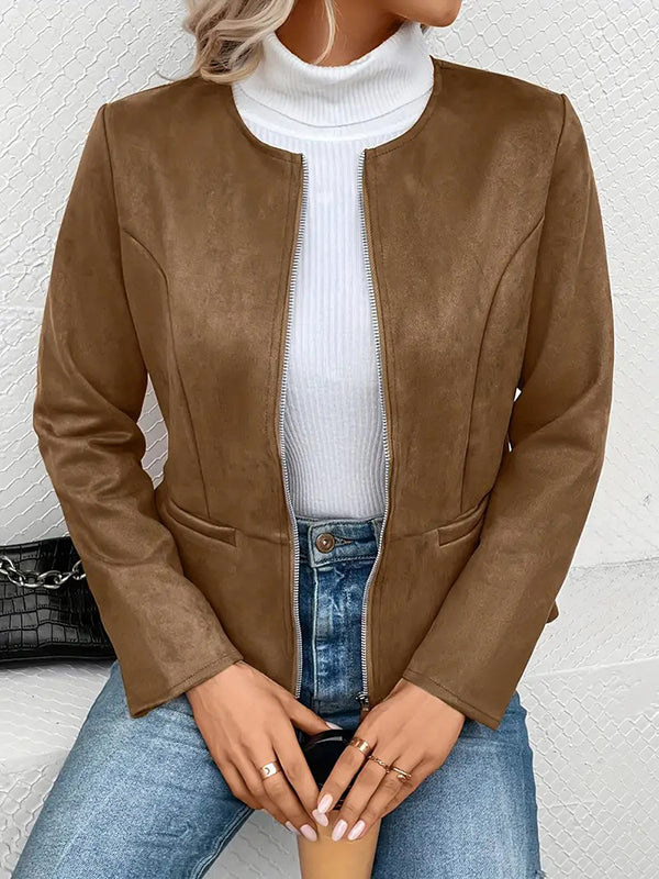 Veste ample à manches longues, à poches, à empiècements, à fermeture éclair, à col rond, couleur unie