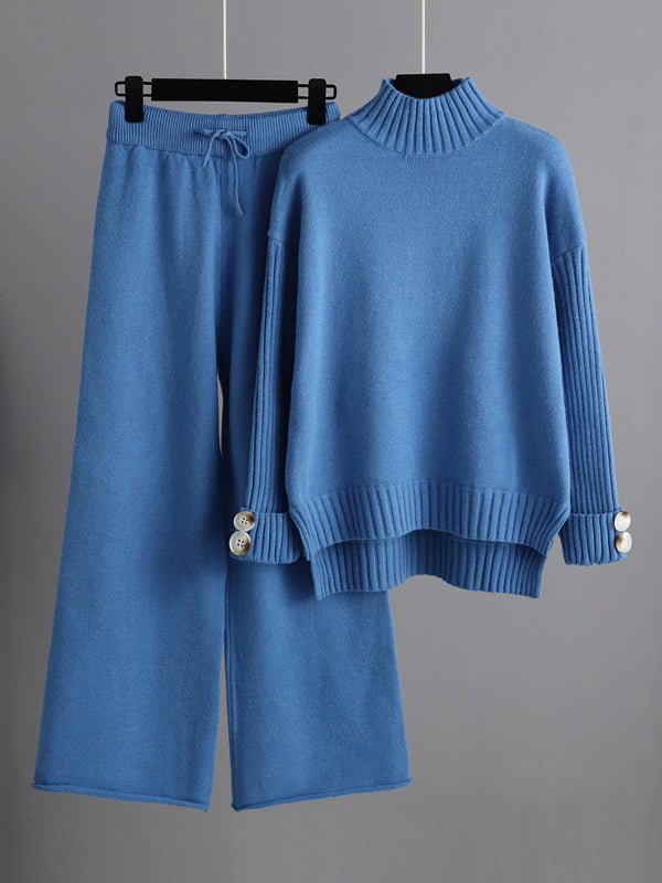 Pull urbain à manches longues et demi-col roulé de couleur unie & Pantalon large Ensemble deux pièces