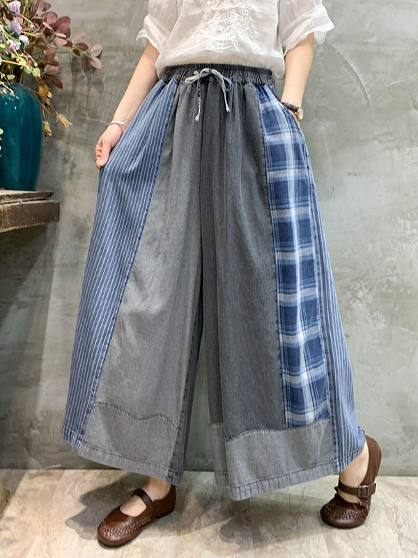 Bas de pantalon en Jean à carreaux, ample, élastique, avec cordon de serrage, à empiècements, neuvième pantalon
