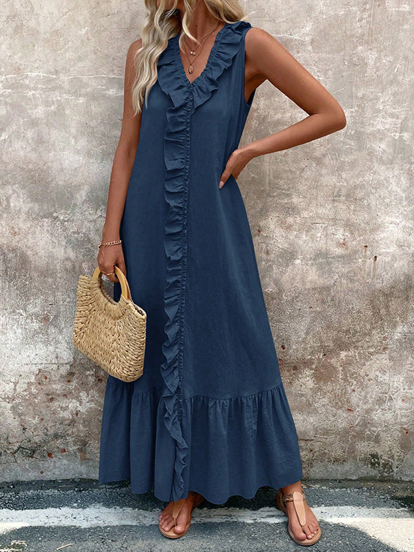 Robe longue ample plissée coupe trapèze, à bordure volantée, à col en V, couleur unie