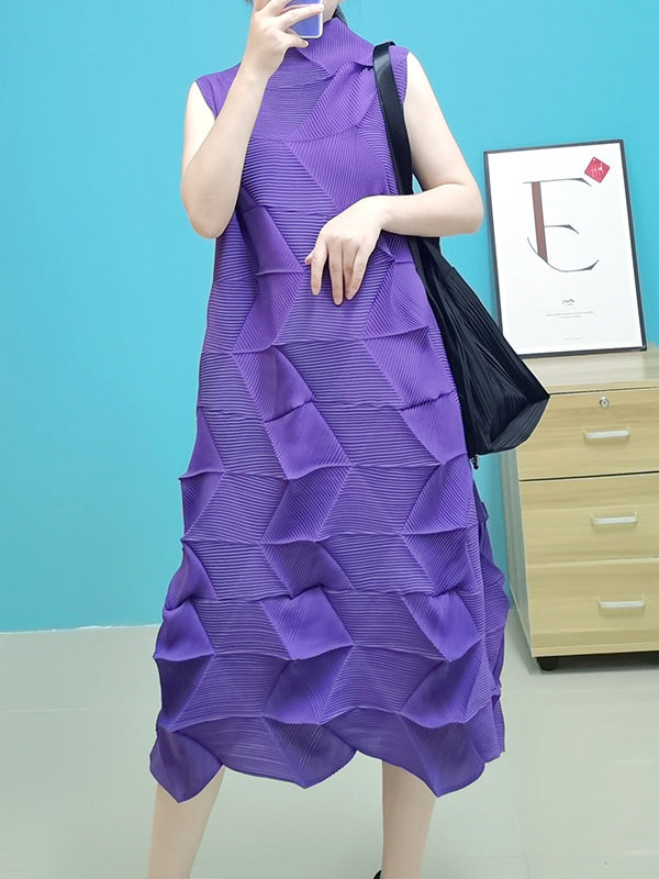 Robe mi-longue décontractée plissée sans manches, à coupe irrégulière, à col montant, couleur unie