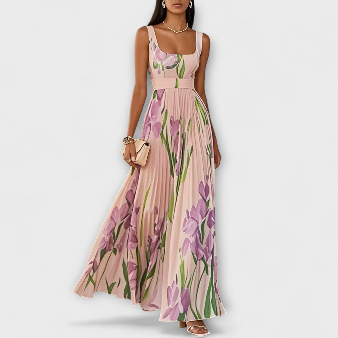 Robe maxi plissée en chiffon avec motif floral