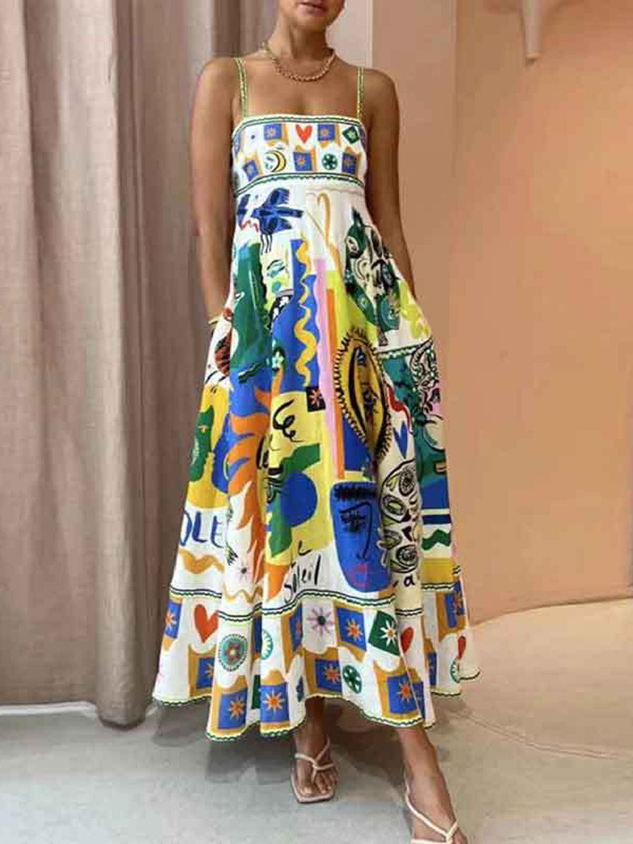 Robe mi-longue plissée imprimée coupe trapèze, taille haute, à empiècements, à fines bretelles, couleur contrastée