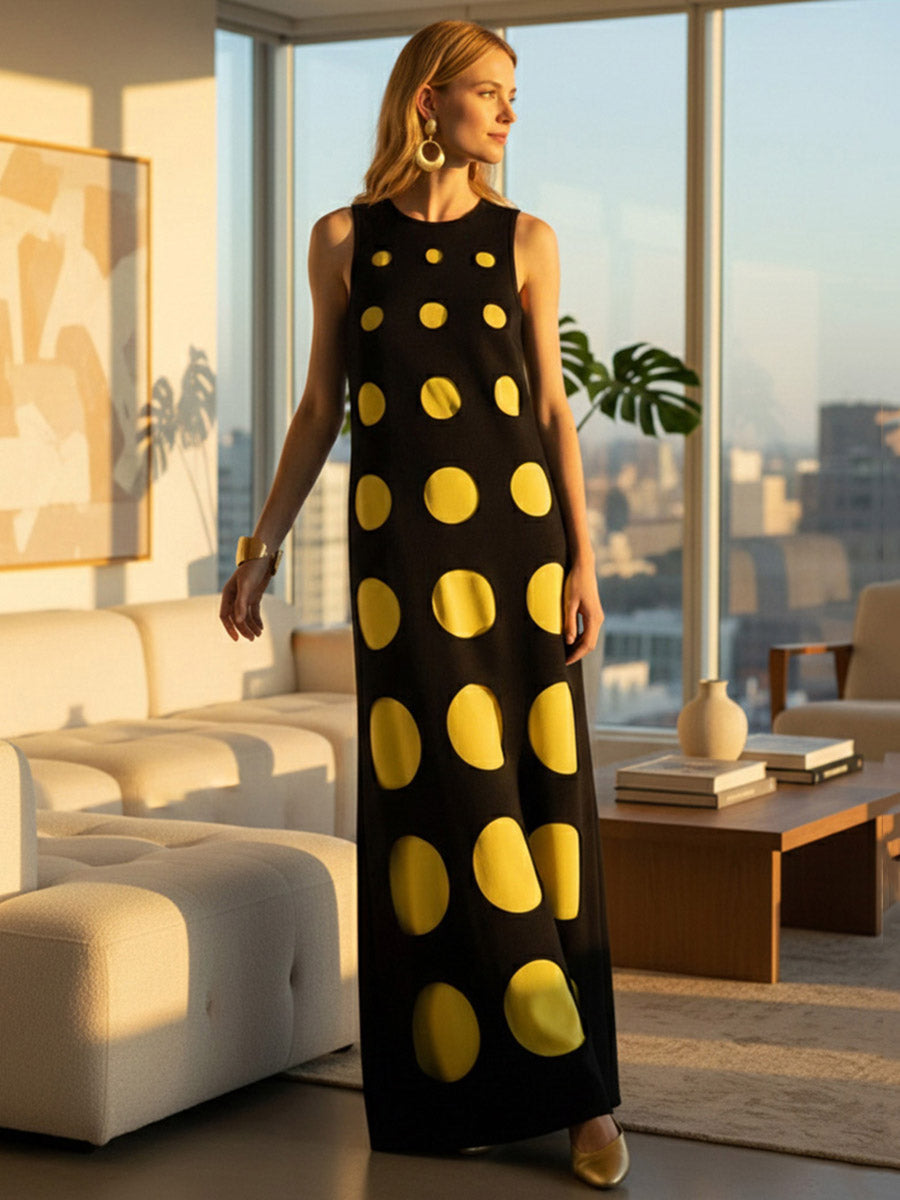 Robe longue ample sans manches, à pois, à empiècements, à col rond, couleur contrastée