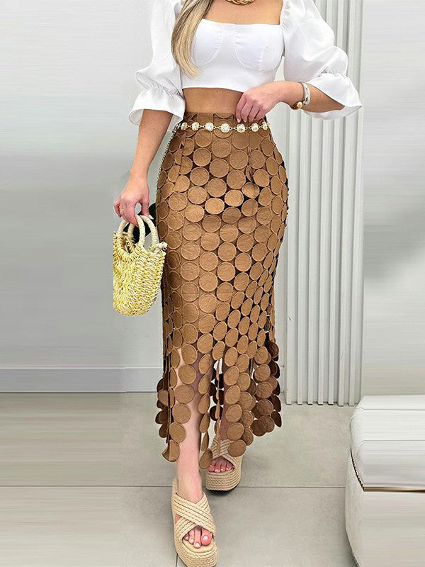 Jupe moulante taille haute, à empiècements, à pompons, couleur unie