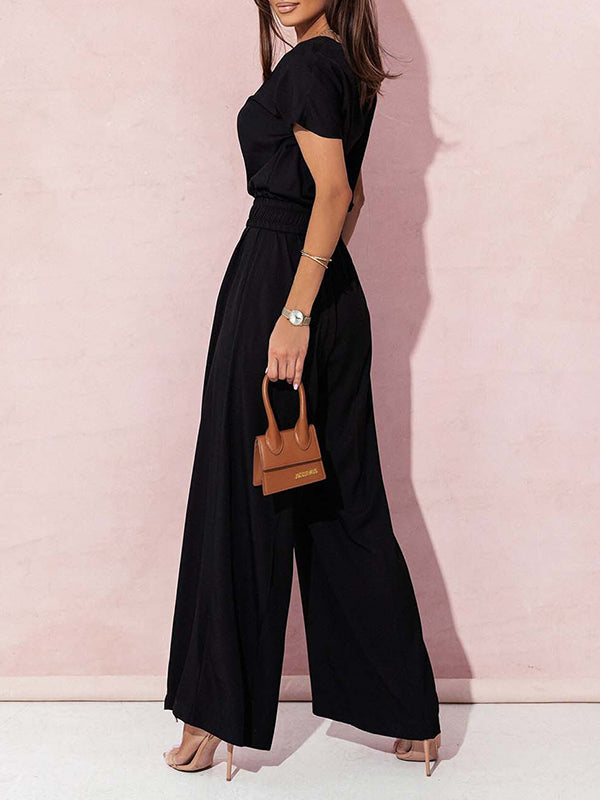Combinaison ample plissée taille haute, avec ceinture, à col en V