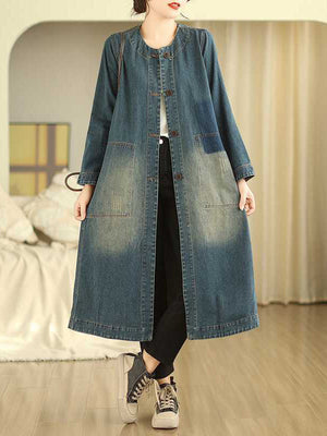 Trapèze Manches Longues Poches Boutonnées Col Rond Robes mi-longues Vêtements d'Extérieur